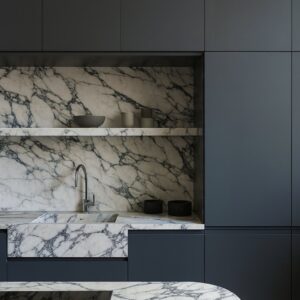 Blått kök med marmor nisch