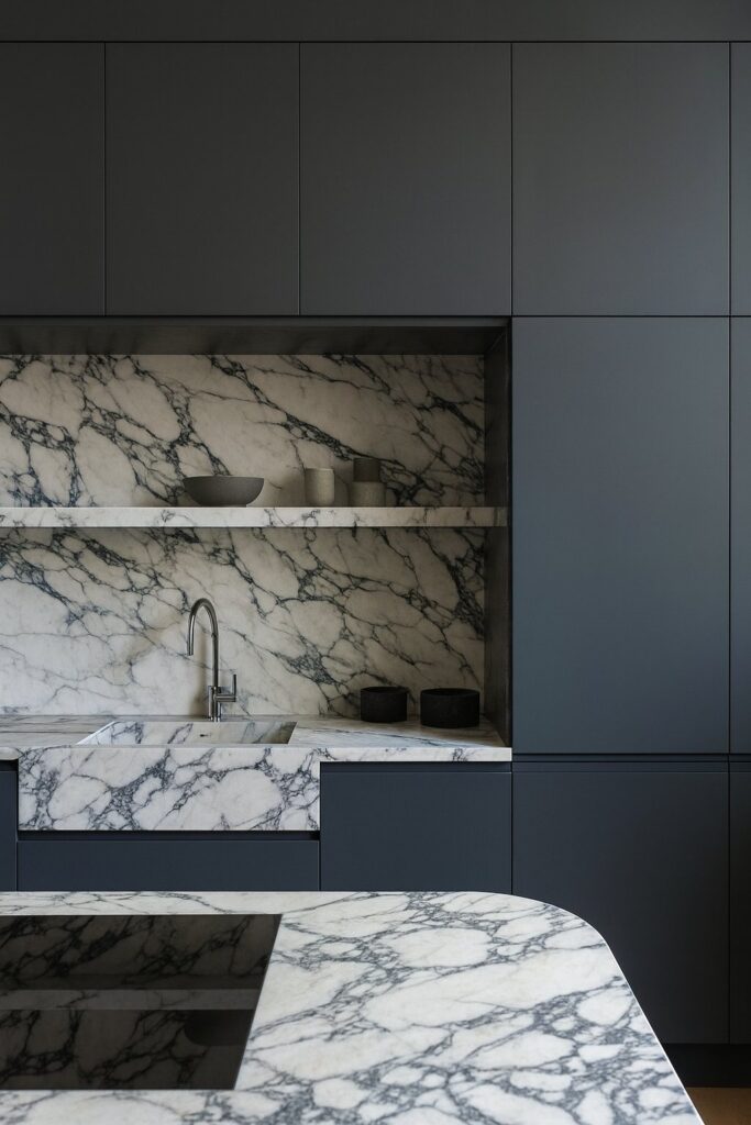 Blått kök med marmor nisch
