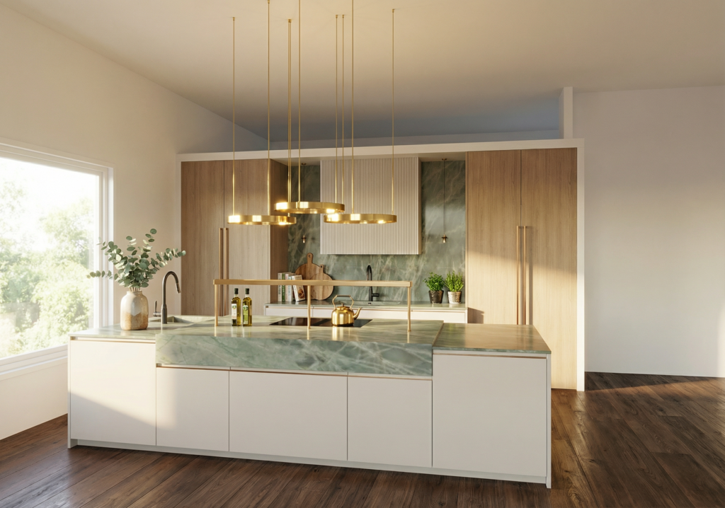 Platsbyggt kök i ljusa toner tillsammans med en harmonisk ljusgrön natursten