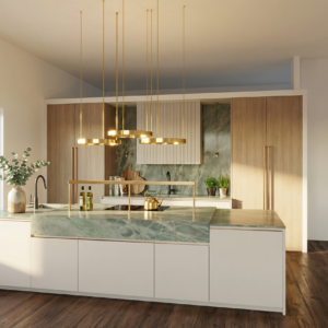 Platsbyggt kök i ljusa toner tillsammans med en harmonisk ljusgrön natursten