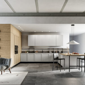 Måttanpassat kök i beige med kompositstensbänkskiva och trädetaljer.