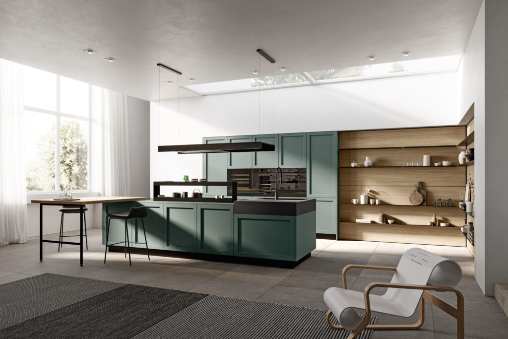 Miljöbild på kök med ramlucka i mossgrön nyans.