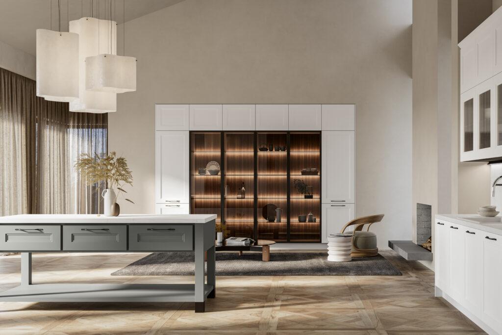 Klassiskt kök i laminat lucka med ram i en gröngrå färg. Köks med bänskiva i naturstenen calacatta marmor