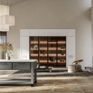 Klassiskt kök i laminat lucka med ram i en gröngrå färg. Köks med bänskiva i naturstenen calacatta marmor