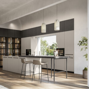 Miljöbild på ett måttanpassat kök. Köksluckor i laminat med integrerade handtag.